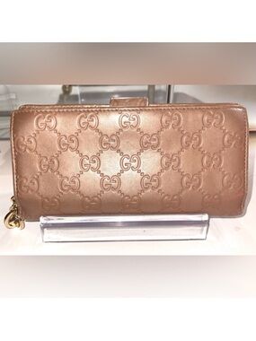 Gucci Guccissima GG Rose Gold Long Bifold Continental Wallet Zip Snap Shima